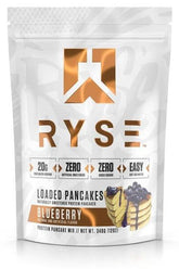 RYSE Loaded Protein Pancakes Blueberry flavor, 20g protein per serving, quick and easy breakfast mix, no added sugars.